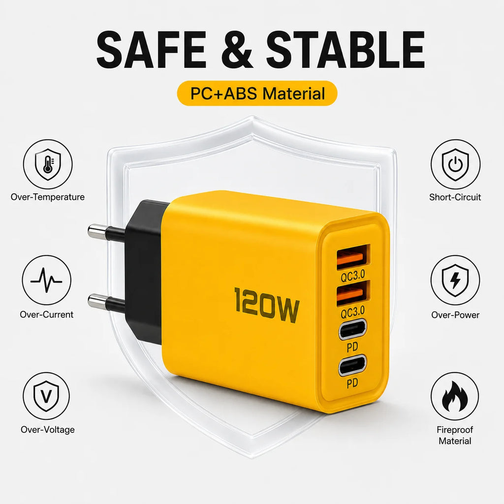 120W 4 Port USB C Fast Charger PD Quick Charge USB 3.0 Wall Adapter EU Plug Power Adapter for iPhone Xiaomi Huawei Phone
