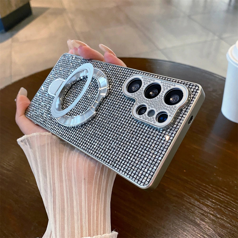 Trendy Shining Bling Glitter Diamond Case For Samsung Galaxy S26 Ultra S25 S24 S23 FE Plus Magnetic Bracket Anti-drop Back Cover Car Mobile World