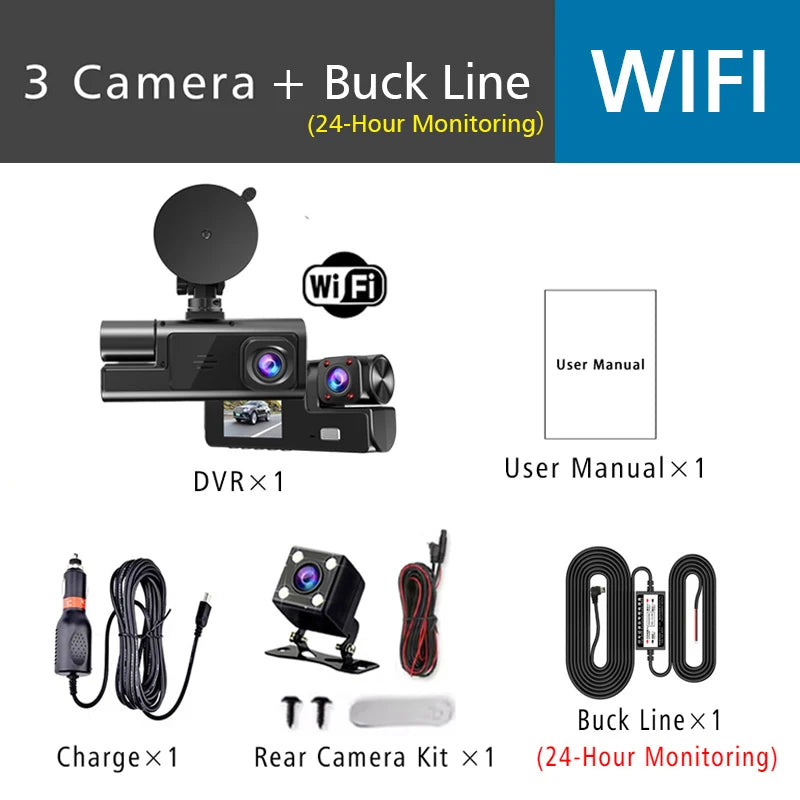 Car WiFi Dash Cam 3 Cameras FHD 1080P Video Recorder 3 Channel Front Rear View Night Vision Black Box DVR for Vehicle Safety
