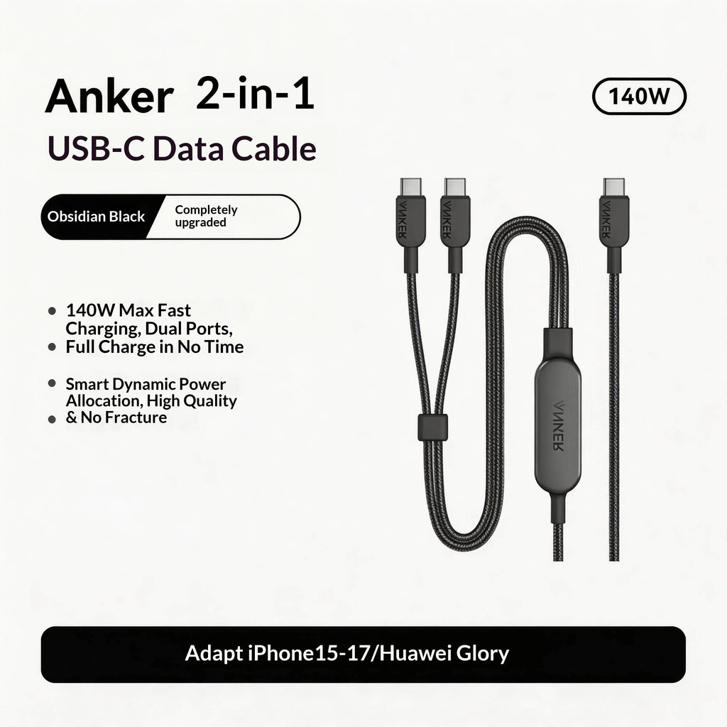 Anker 2 In 1 Dual Type C 140w Pd Fast Charging Cable Nylon Braided Compatible For Different Smartphones Suitable In Car Office