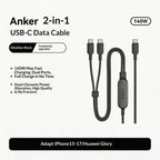 Anker 2 In 1 Dual Type C 140w Pd Fast Charging Cable Nylon Braided Compatible For Different Smartphones Suitable In Car Office