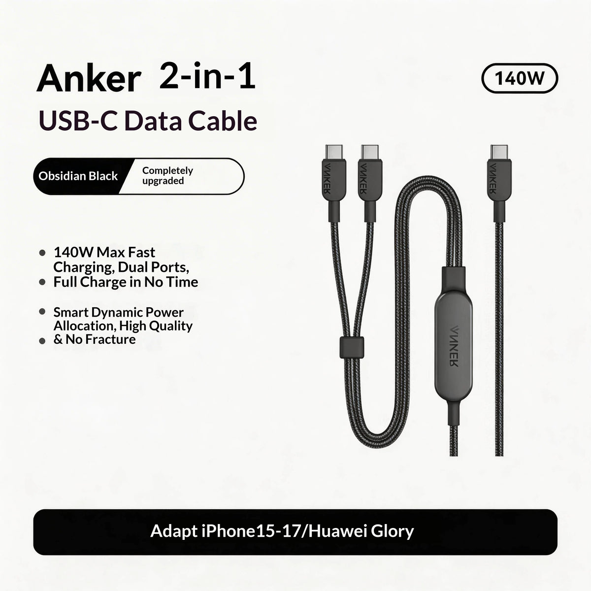 Anker 2 In 1 Dual Type C 140w Pd Fast Charging Cable Nylon Braided Compatible For Different Smartphones Suitable In Car Office