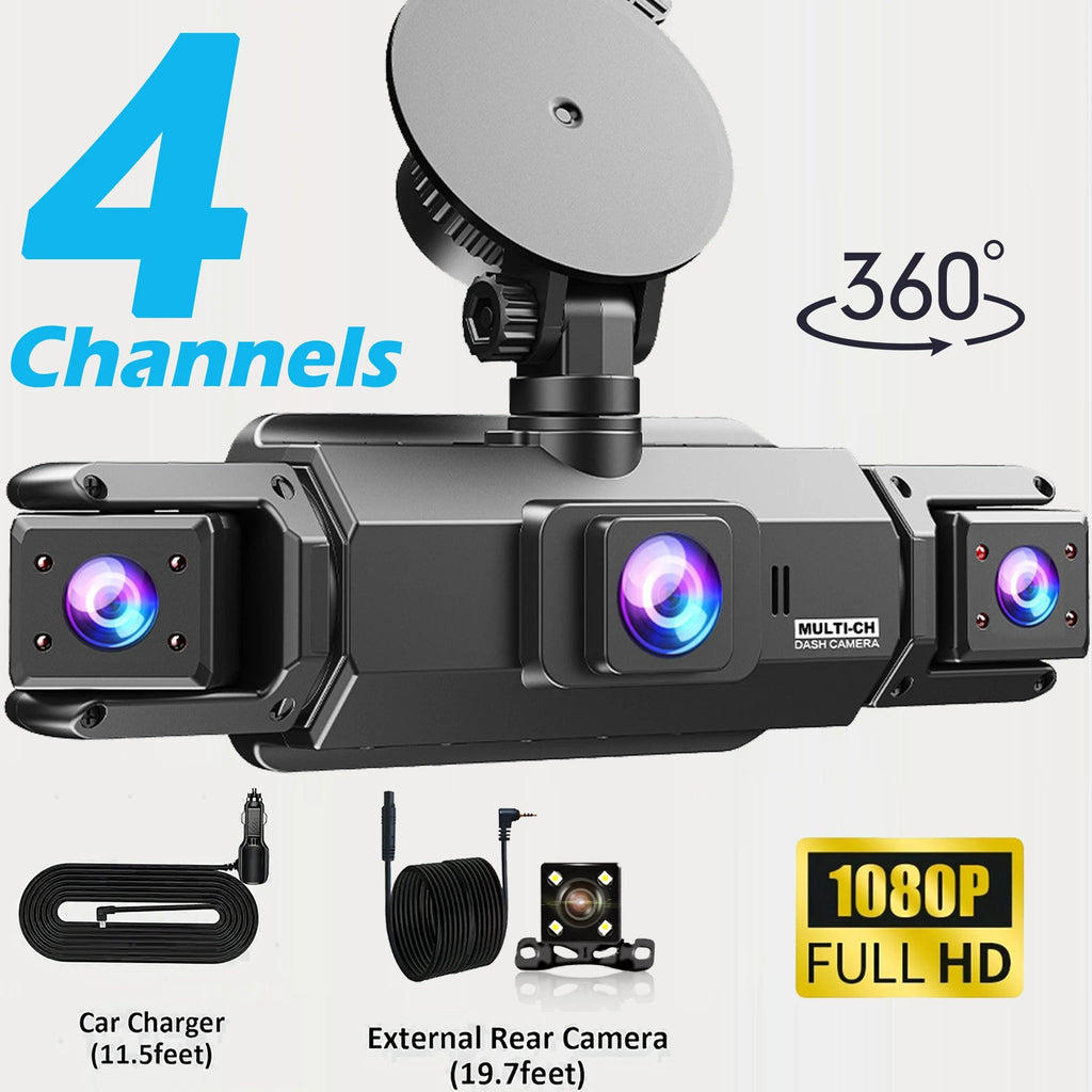 360° Car DVR Dash Cam 4 Lens Front Rear Left Right Inside IPS Screen Rotatable Lens Night Vision 24H Parking G-Sensor Black Box Car Mobile World