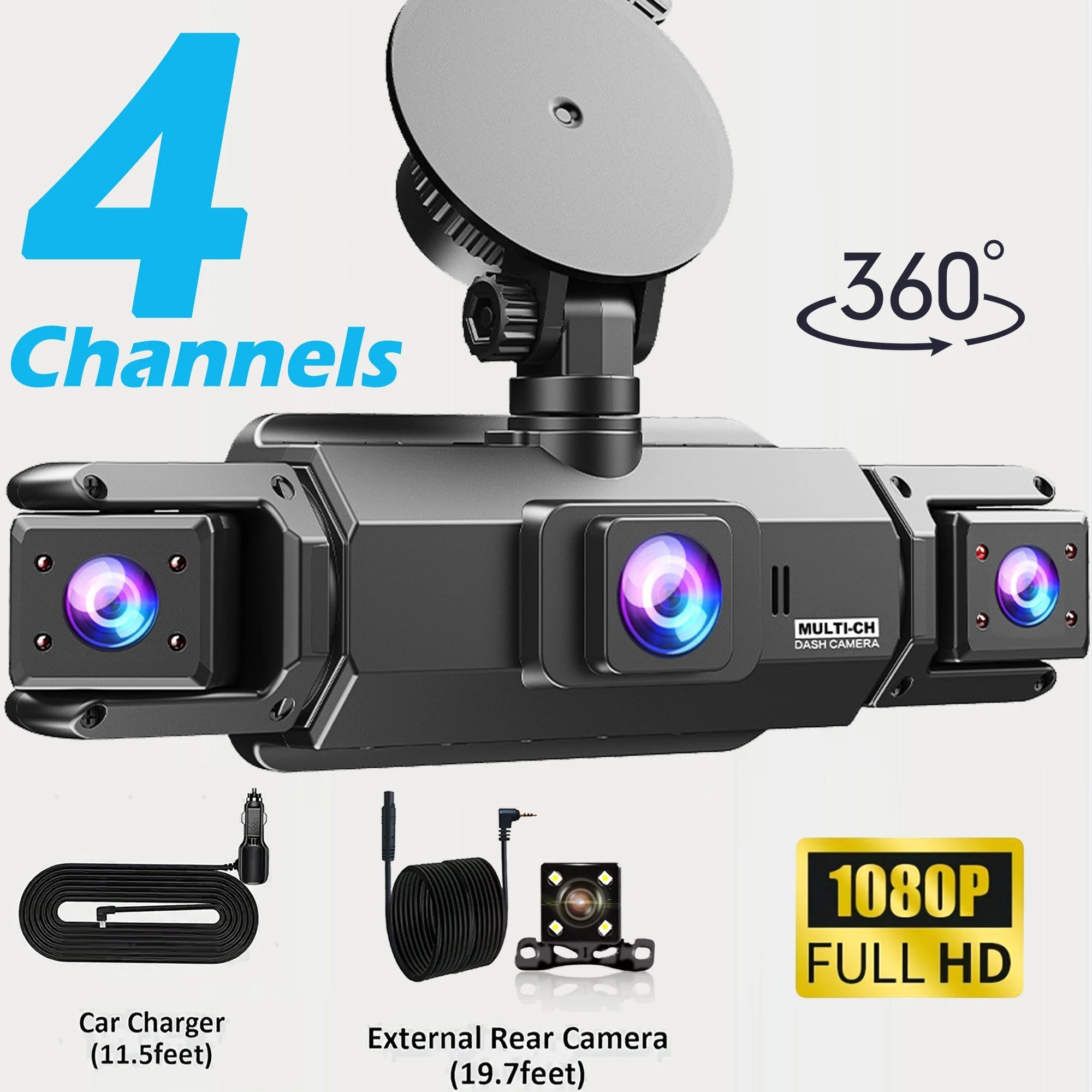 360° Car DVR Dash Cam 4 Lens Front Rear Left Right Inside IPS Screen Rotatable Lens Night Vision 24H Parking G-Sensor Black Box Car Mobile World