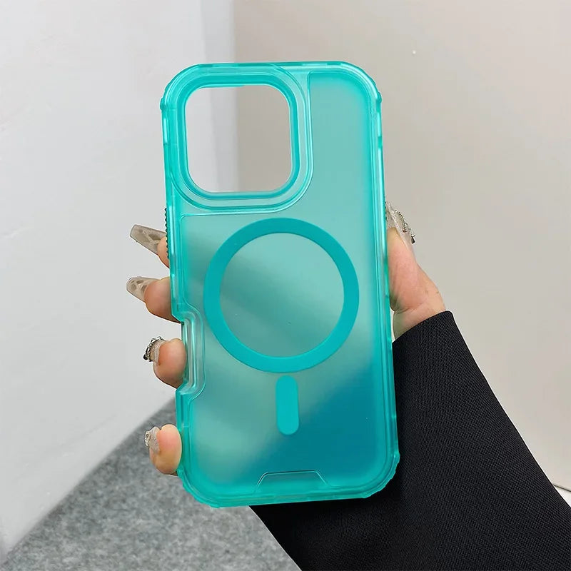 Trendy 3IN1 Magnetic Shockproof Case for IPhone 17 16 15 14 13 12 Pro Max Frosted Slim Clear Translucent Wireless Charging Cover Car Mobile World