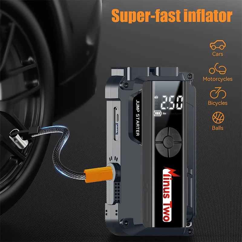 Car Jump Starter with Air Compressor, 8000mAh Battery Booster Power Bank 12V Petrol Diesel Car Emergency Kit with LED Light