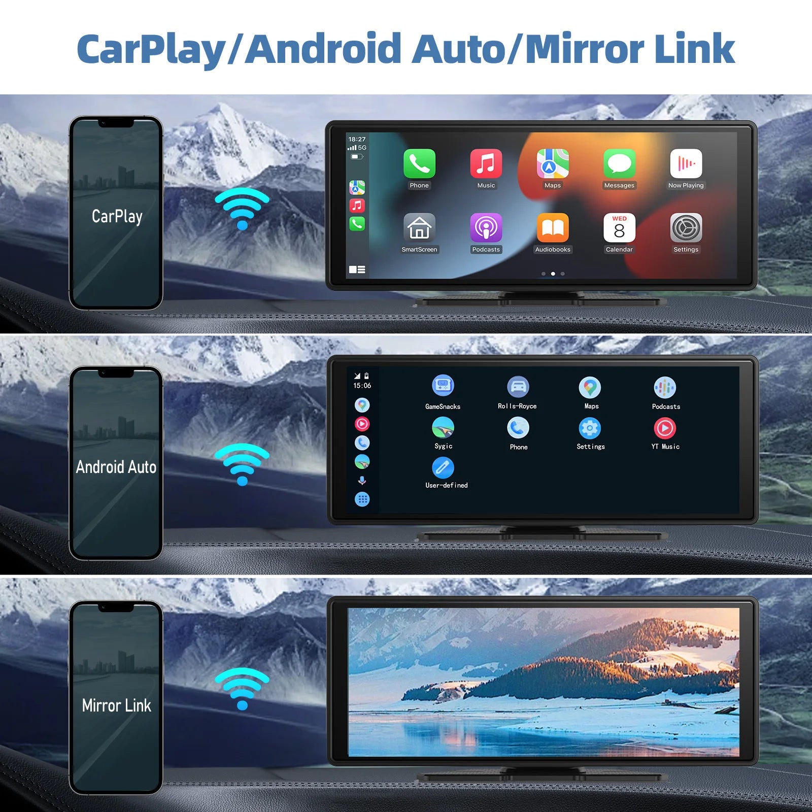 Universal Portable Carplay for Car Screen, Wireless Carplay Screen Wireless Car Stereo with Carplay Android Auto, Car Touchscree CM World