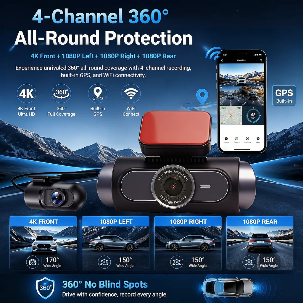 4K 4-CHs Dash Cam WiFi GPS, Front Rear Left Right Car Video Recorder, 24H Parking Monitoring Night Vision Dashcam Supercapacitor