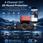 4K 4-CHs Dash Cam WiFi GPS, Front Rear Left Right Car Video Recorder, 24H Parking Monitoring Night Vision Dashcam Supercapacitor