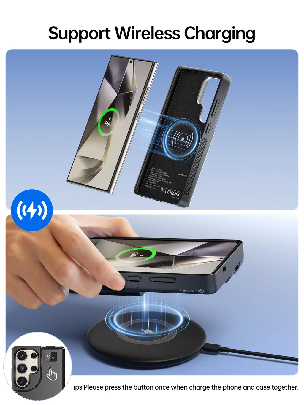 NEWDERY 10000mAh Magnetic Battery Charger Case for Samsung Galaxy S25 Ultra Battery Pack Portable Wireless Power Bank Case