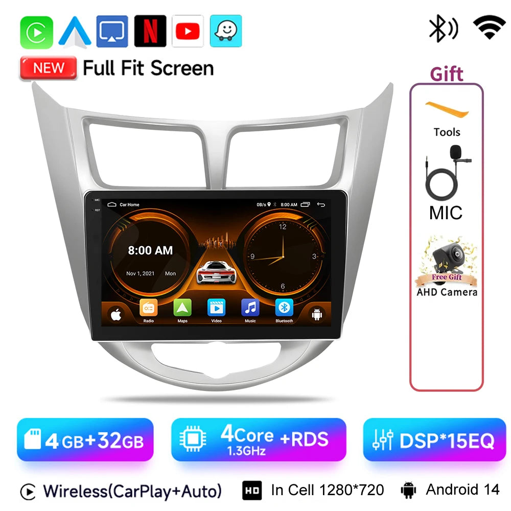 JIUYIN 9“ Android 15 Car Radio For Hyundai Accent Verna Solaris 2010-2016 Multimedia Video Player Carplay 4G WIFI GPS Head Unit CM World