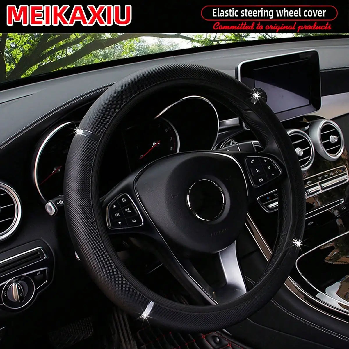 PU leather shiny metal stretchable car rimless steering wheel cover suitable for 14.5 - 15 inch car decoration items CM World