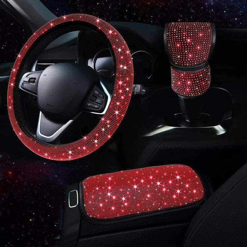 3Pcs Car Accessories Set for Women Steering Wheel Cover Gear Shift Cover Armrest Pad Mat Bling Auto Diamond Decortion Styling CM World