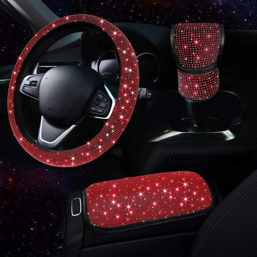 3Pcs Car Accessories Set for Women Steering Wheel Cover Gear Shift Cover Armrest Pad Mat Bling Auto Diamond Decortion Styling CM World