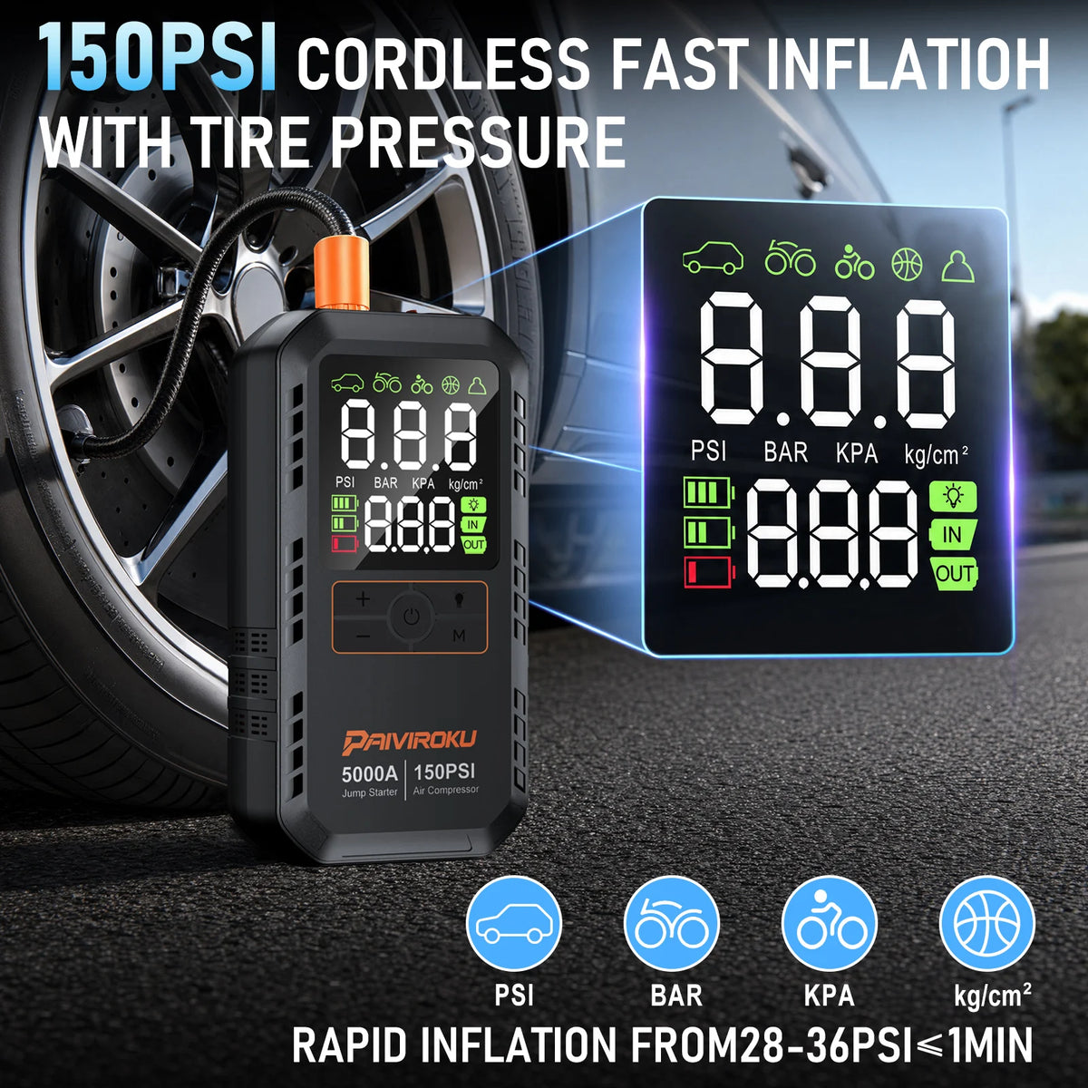 5000A Car Battery Jump Starter with Air Compressor 150PSI Air Pump 12V Auto Battery Booster Power Bank Portable Tire Inflator