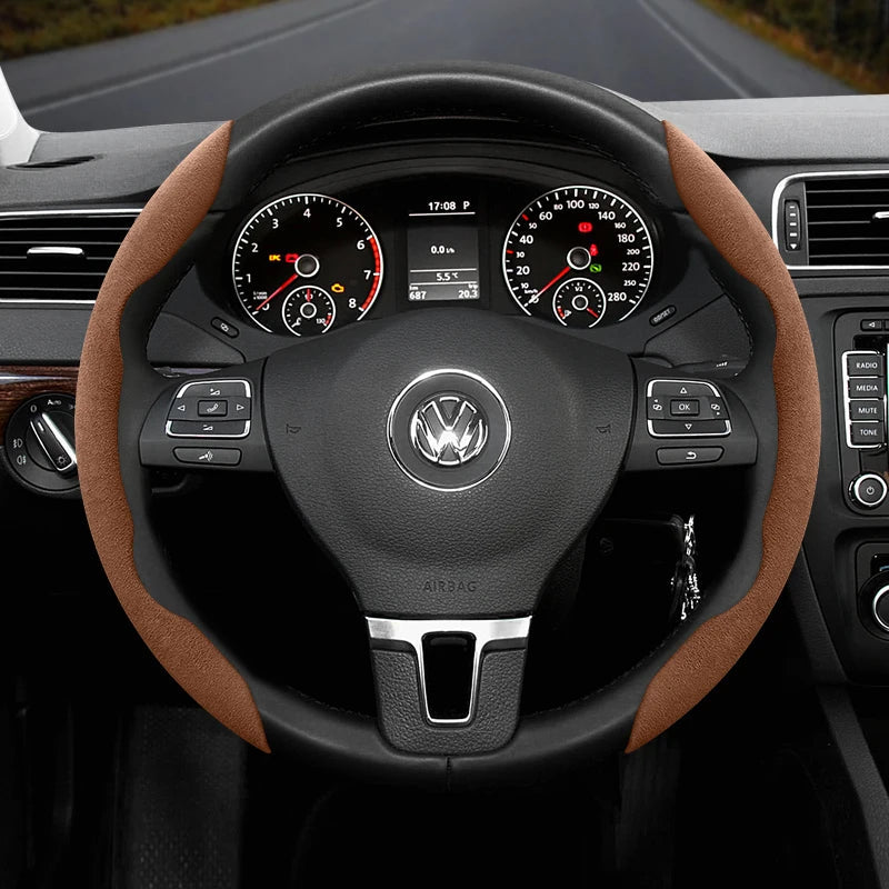 Suitable for Volkswagen Anti-Slip Buckle Segmented Suede Steering Wheel Cover Suitable for Polo Golf 5 6 7 Gol Cc Passat B6 B8 Jetta Scirocco T4 Crafter Taigo up Santana Nivus Tcros G3 Caddy Tiguan CM World