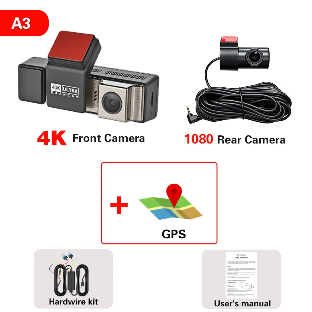 DT-NAVI  New 4K A3 Pro Cam 3 Channel Dash Cam Front 4K+Rear 1080P+Interior 1080P GPS WiFi 24H Parking Monitor Supercapacitor Car Mobile World