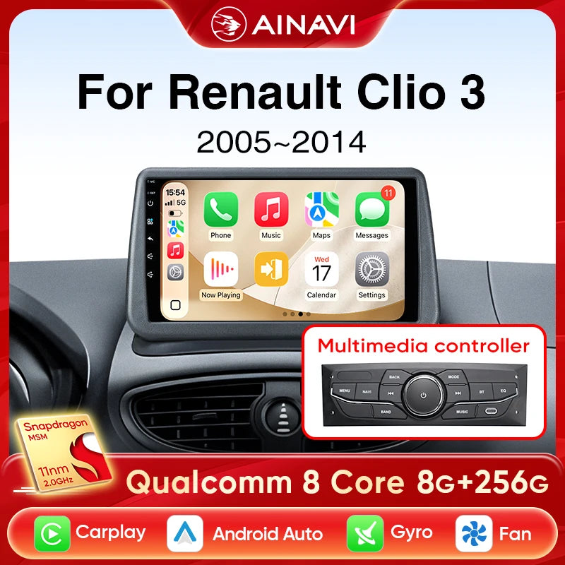 Ainavi Car Radio for Renault Clio 3 2005-2014 Wireless CarPlay Android Auto 4G Multimedia Player Navigation GPS 2din Autoradio CM World