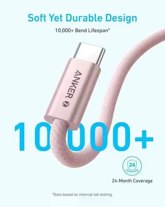 Anker Zolo 240W Type C Fast Charging Cable USB C to USB C Cable Braided and Dirt-Free Slim Connector for iPhone 16 Series