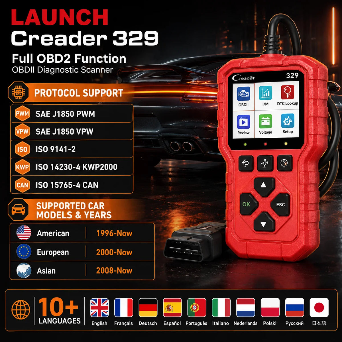 LAUNCH Creader 329 OBD2 Fault Scanner Auto Diagnostic Tool Check Engine Light Code Reader with Battery Test Live Data O2 Sensor EVAP for 1996+ OBDII Cars