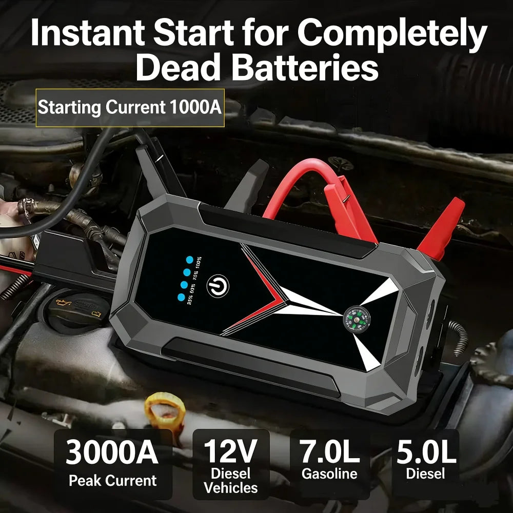 3000A Car Jump Starter with Power Bank 12V Emergency Battery Booster for Petrol Diesel Cars Portable Jump Box.