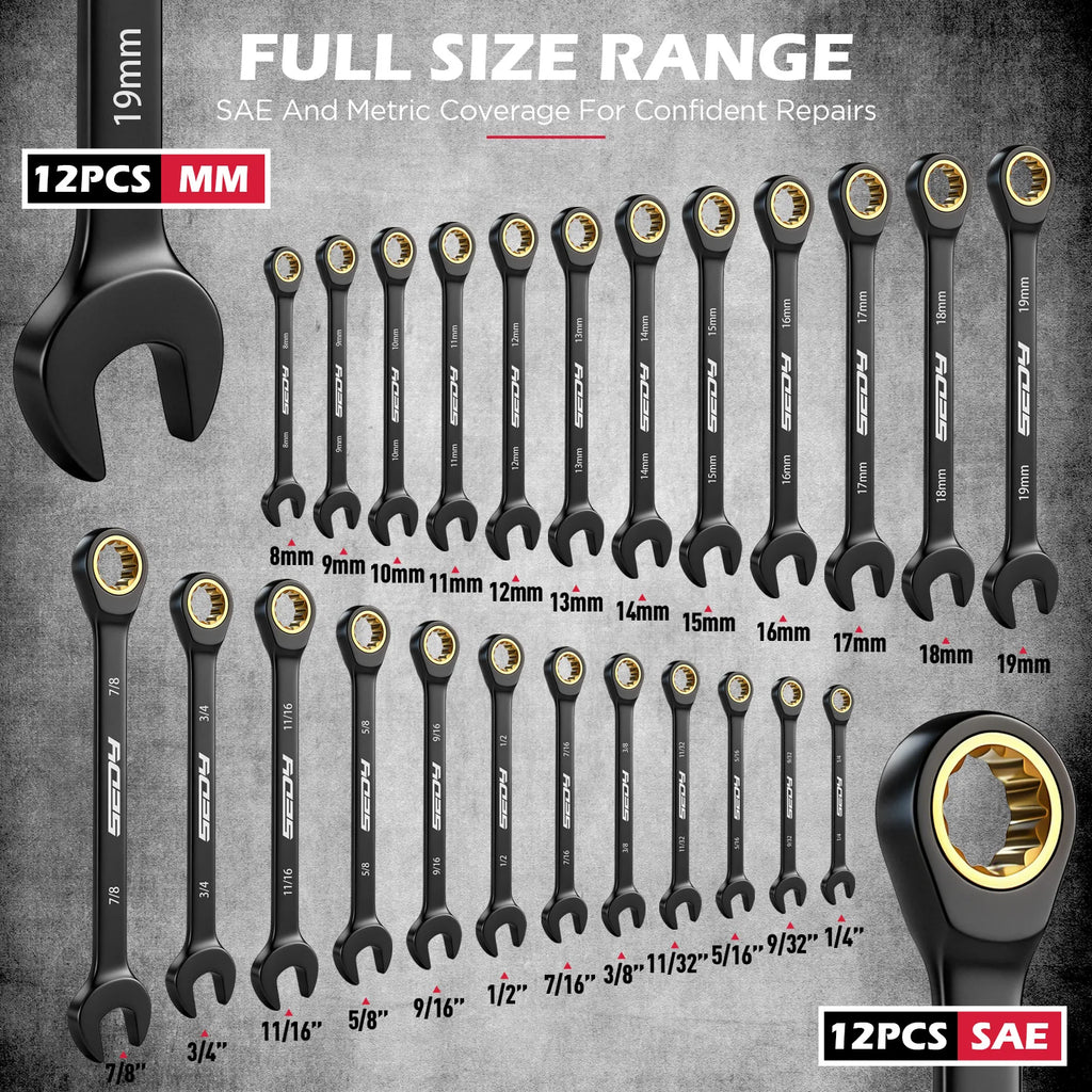 SEDY 24Pcs Ratcheting Wrench Set 72-Tooth CR-V Steel with Durable Black Finish Ratchet Spanners with Roll-Up Tool Pouch Repair
