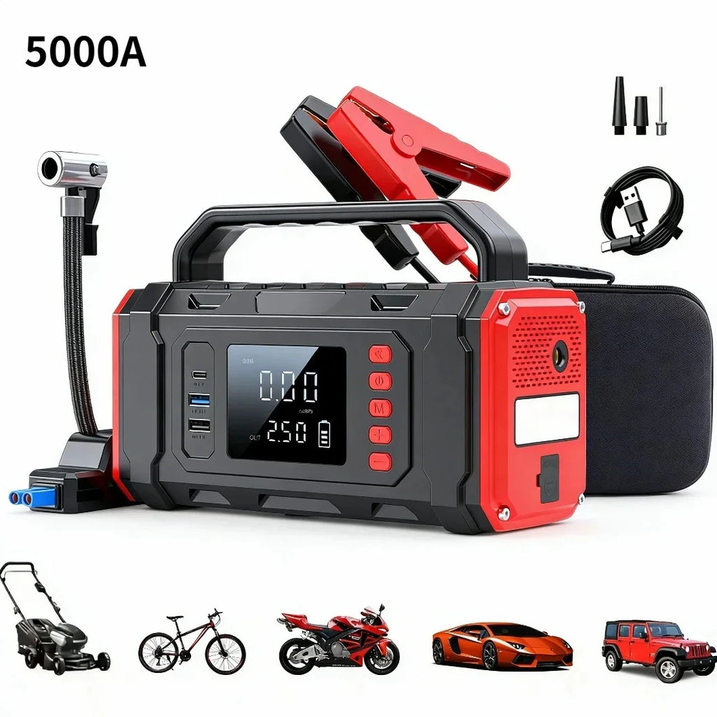 5000A Peak Car Battery Starter with 150PSI Tire Inflator Pump Air Compressor 12V Car Battery Starter Power Bank