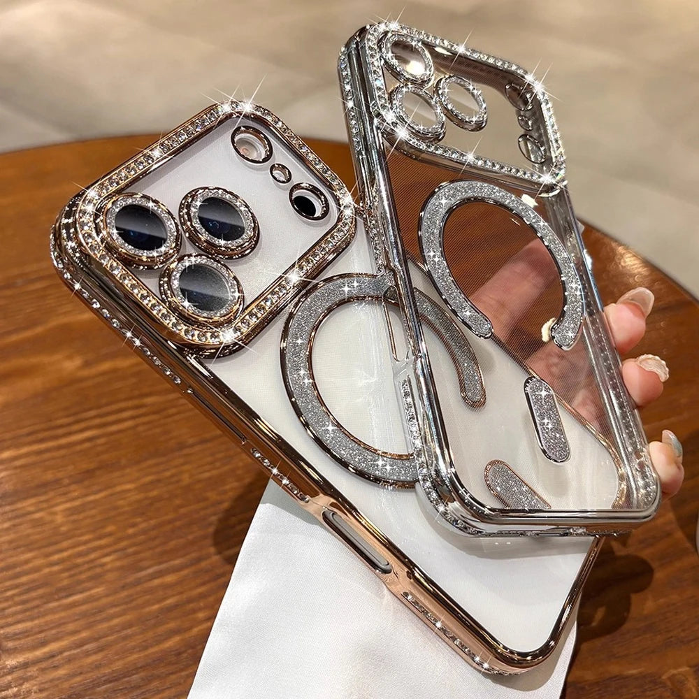 Plating Glitter Rhinestone Diamond Magnetic Phone Case For iPhone 17 Pro Max Air 17Pro For Magsafe Wireless Charging Clear Cover