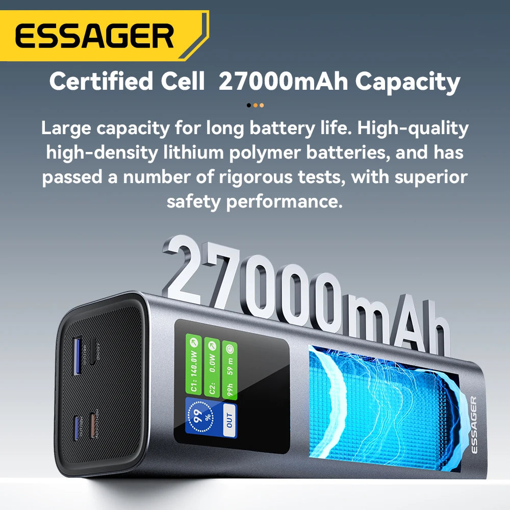 ESSAGER 140W Power Bank 27000mAh PD3.1 Super Fast Charging Digital Display Portable PowerBank for Macbook Laptop iPhone 17 16 15 Car Mobile World