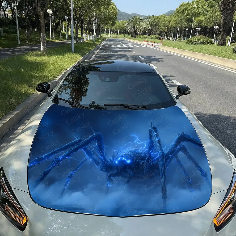 Blue Fluorescent Spider Car Vinyl Wrap - PVC Material,Durable And Stylish Bonnet Decal For Cars, Trucks, And SUVs,Car Stickers F