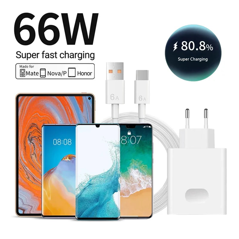 6A 66W Super Fast EU Wall Charger For Huawei Mate 40 50 60 P50 Nova 8 9 10 Honor 90 100 X7 X8 X9 Magic Type C Charging USB Cable Car Mobile World