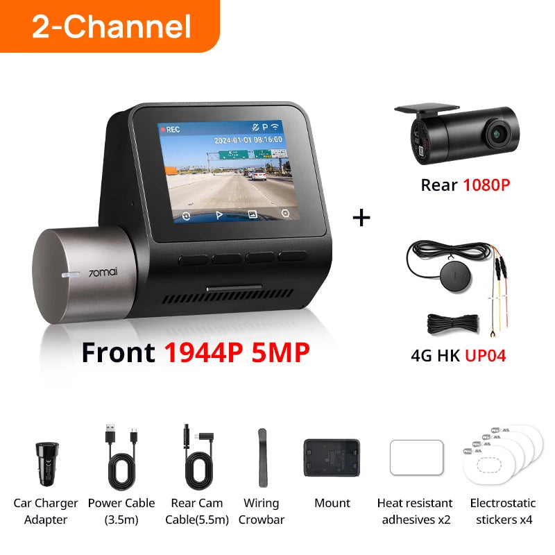 70mai Dash Cam A510 1944P HDR GPS ADAS 4G Connectivity 70mai 4G Front Cam A510 Car DVR 24H Parking Support Rear Cam Car Mobile World
