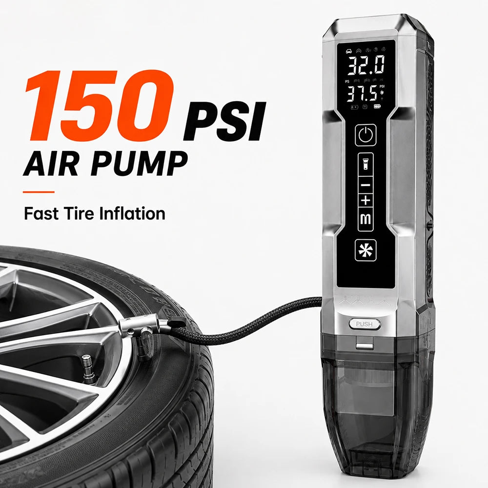 Vyvylabs Car Jump Starter Tire Inflator Vacuum Cleaner LED Emergency Light Portable Battery Booster 4-in-1 Roadside Rescue Tool