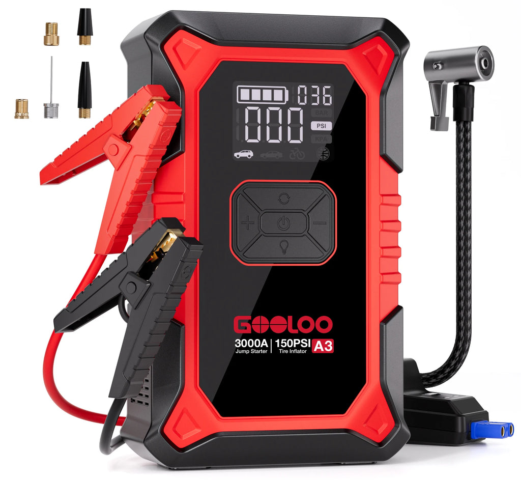GOOLOO A3 3000A Peak Jump Starter with Air Compressor Portable Car Battery Booster for 9.0 Gas/6.5L Diesel Vehicles with 150PSI Auto-Shutoff
