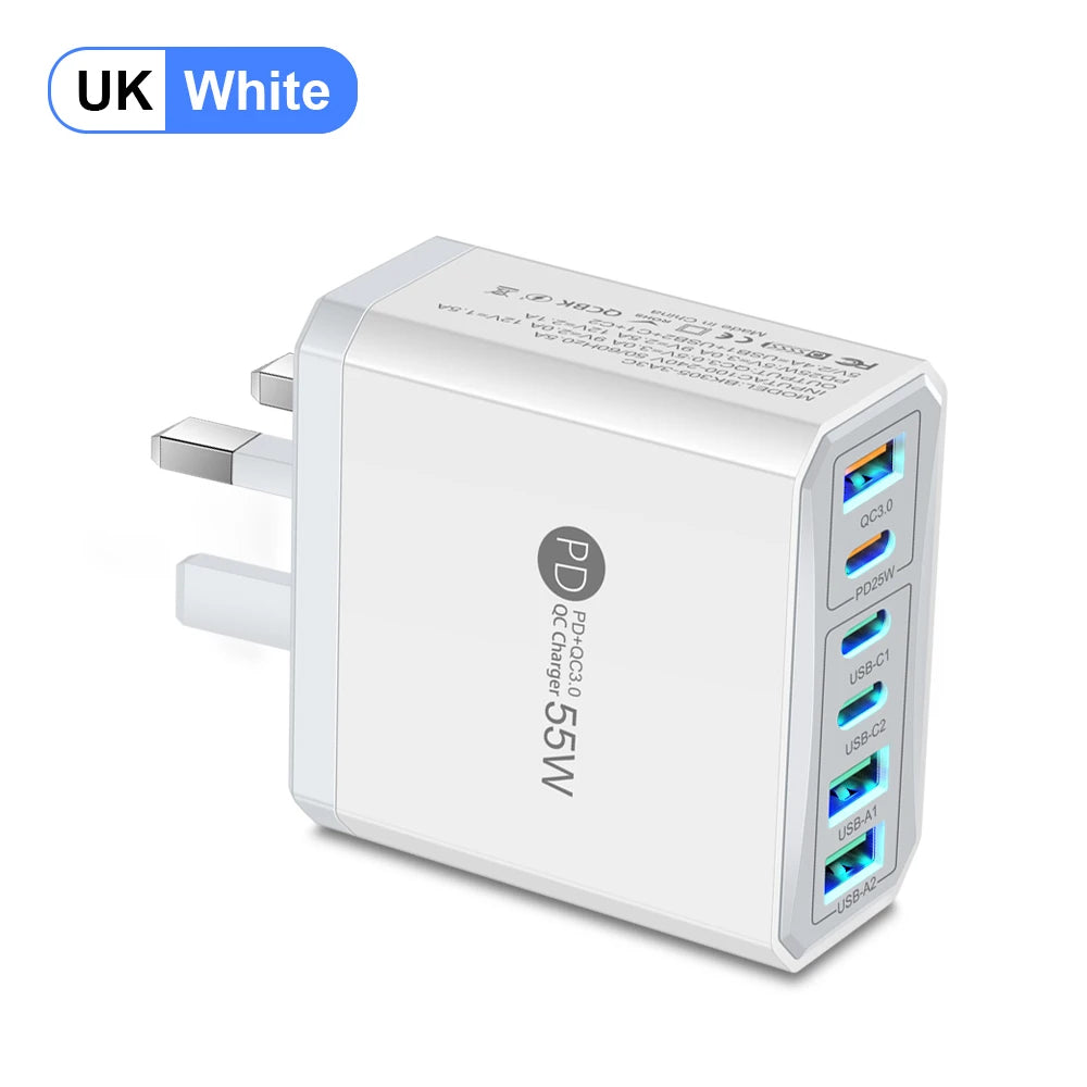 55W 3 USB 3 PD Charger Fast Charging QC3.0 Travel Charger For iPhone 15 14 Samsung Xiaomi Mobile Phone Adapter EU KR US UK Plug Car Mobile World