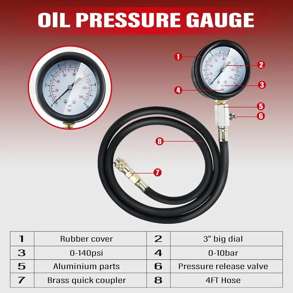 Engine Oil Pressure Test Kit Tester Car Garage Tool Low Oil Warning Devices 12 Piece Quick Fitting