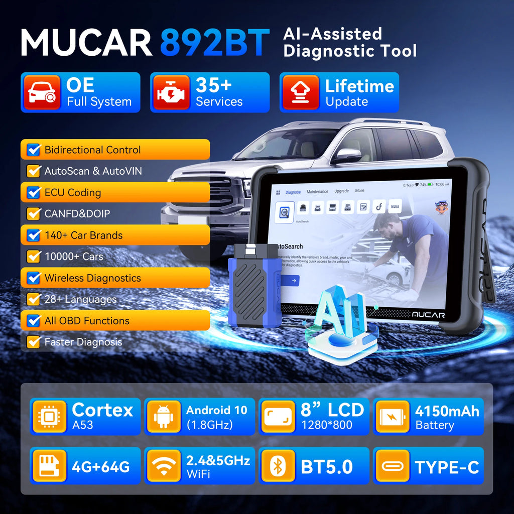 MUCAR 892BT AI Bidirectional Automotive Diagnostic Tool Key Programmer Obd2 Scanner ECU Coding CANFD DOIP 35 Resets Life Free