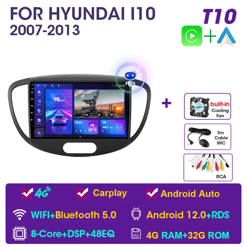 JMCQ 2 Din Car Radio For Hyundai i10 2007 2008 2009 2010-2013 Stereo Multimedia Player Android 12 4G GPS Navigation 2din Carplay CM World
