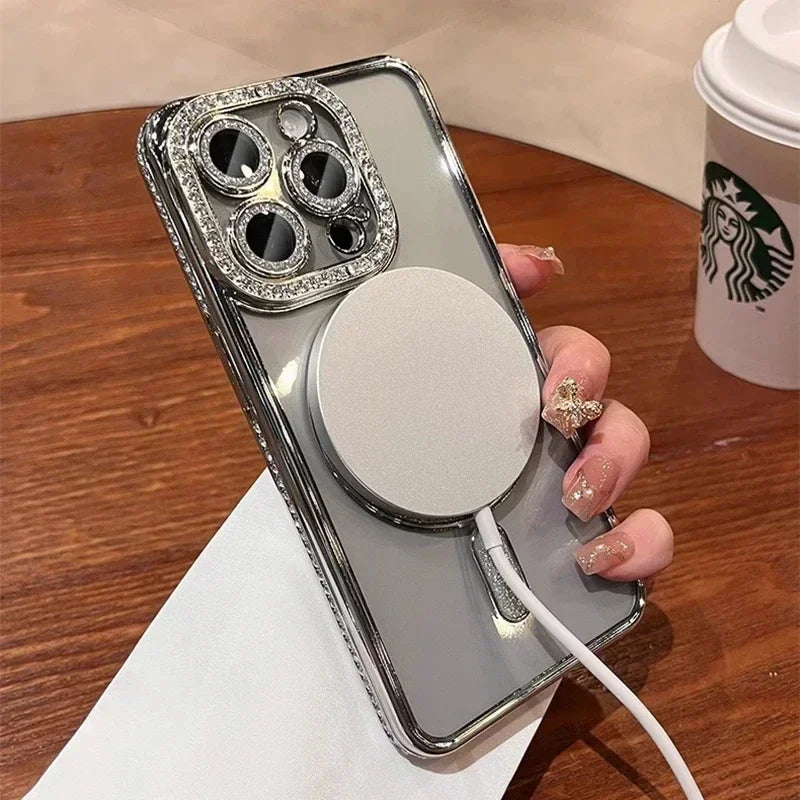 New Fashion Glitter Diamond Transparent Case For iPhone 17 16 15 14 13 11 12 Pro Max Funda Magnetic Wireless Charge Bumper Cover