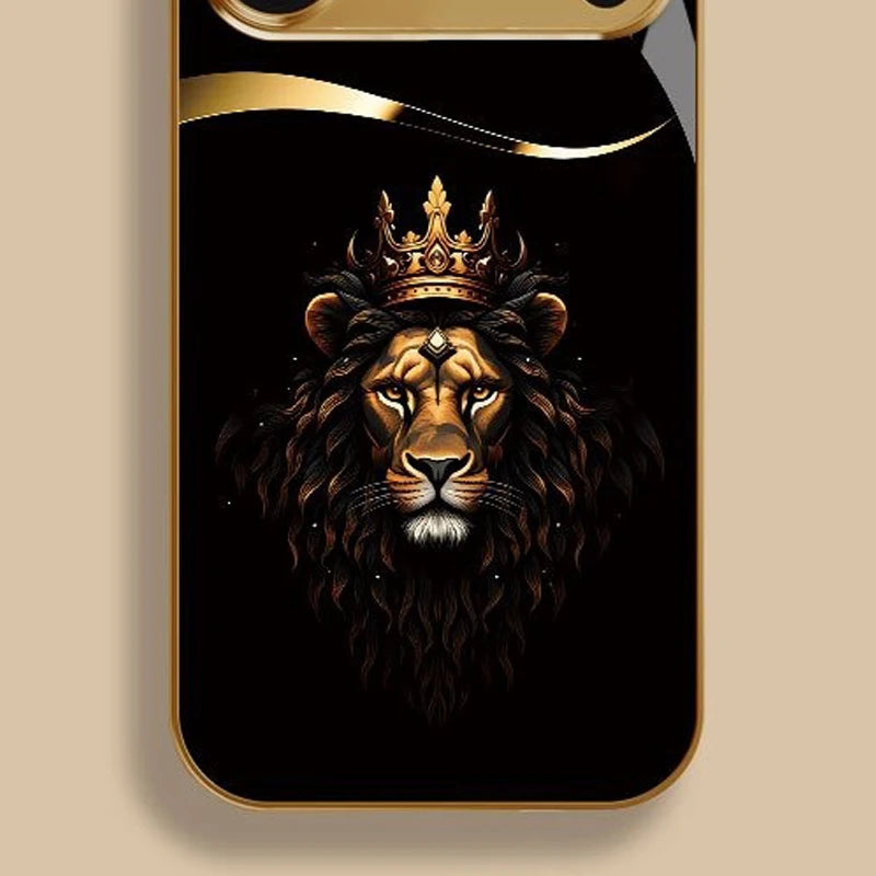Cool Crown Lion Pattern Gold Metallic Paint Glass Phone Case For iPhone 11 12 13 14 15 16 17 Pro Max 14 Plus 17 Air 16E Cover