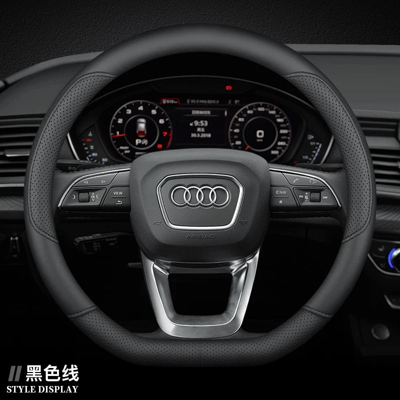Ultra-Thin Full Leather Car Steering Wheel Cover Non-Slip round Breathable All Seasons Auto Wheel Protector