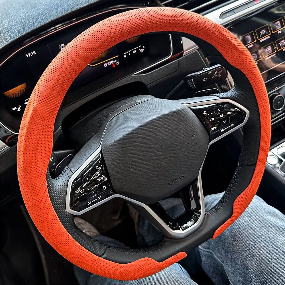 Leather D cut Auto Steering Wheel Cover Ultra-Thin Breathable Non-Slip D Shape Sport Car Steering Wheel Protector Accessories CM World