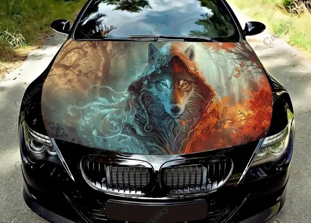 Brightly Colored Wolf Car Hood Decal Stickers Wrap Vinyl Film Engine Cover Decals Sticker Car Hood Protective Film