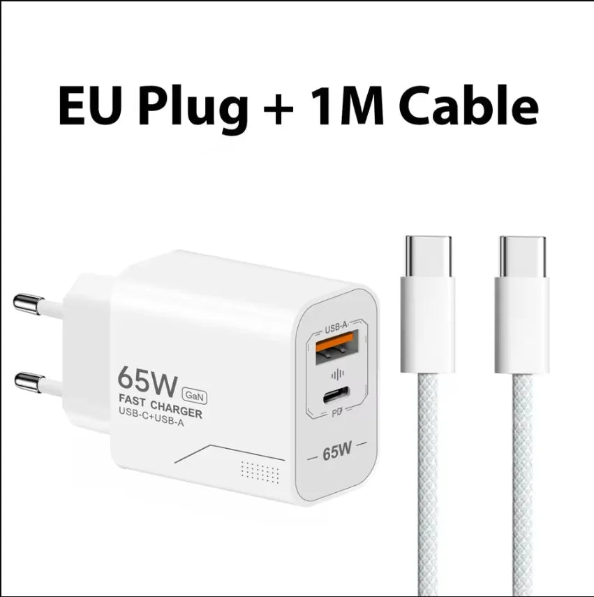 Lenovo 65W GaN USB C Charger 2-Port Fast Charging Phone Charger Power Adapter For iPhone Samsung Type C EU/US Plug Wall Charger