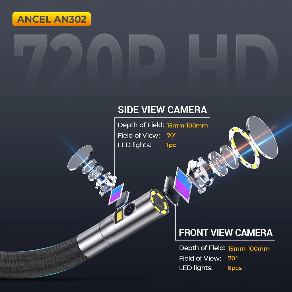 Two-Way Articulating Borescope IP67 6.5MM Dual Lens Endoscope Inspection Camera 7 LED Lights ANCEL Car Inspection Tools