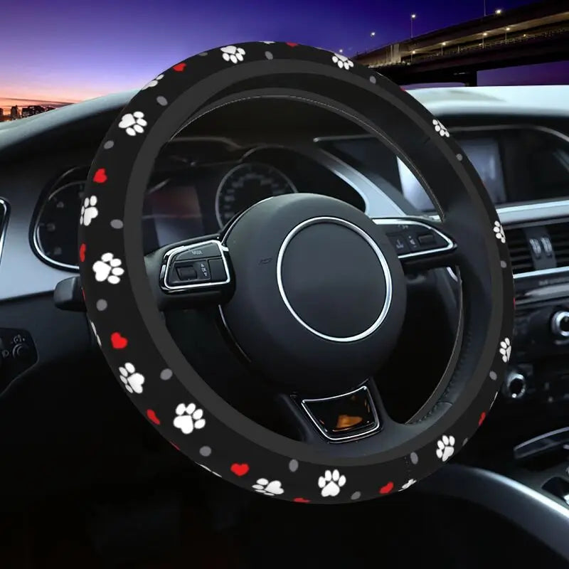 Dog Paw Love Heart Print Steering Wheel Cover Universal 15 Inches Anti Slip Neoprene Car Steering Wheel Protector for Women Men CM World