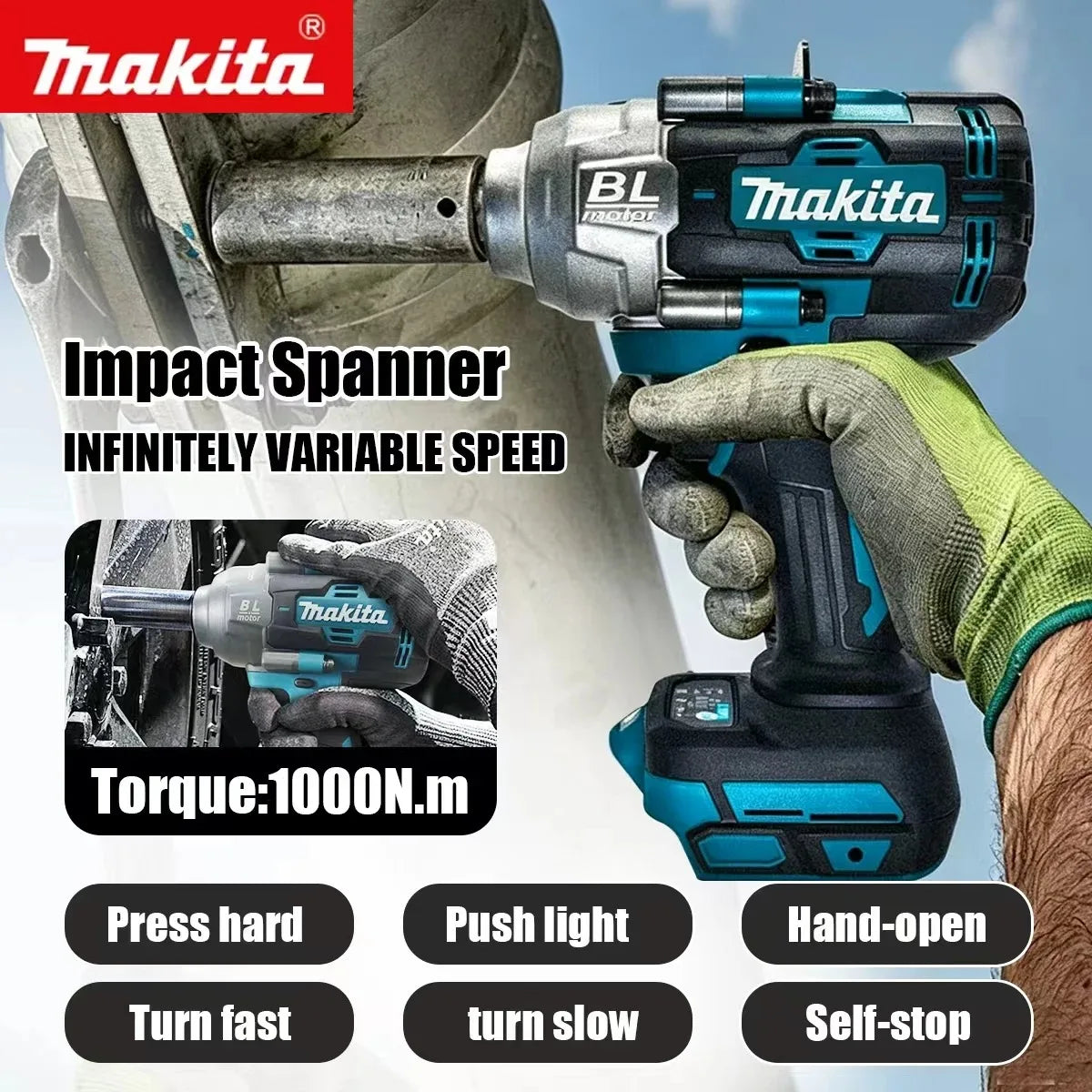 Makita 1000Nm 1/2" Brushless Impact Wrench For Makita 18V Battery High Torque Auto Repair SUV Truck Tractor Maintenance Tool