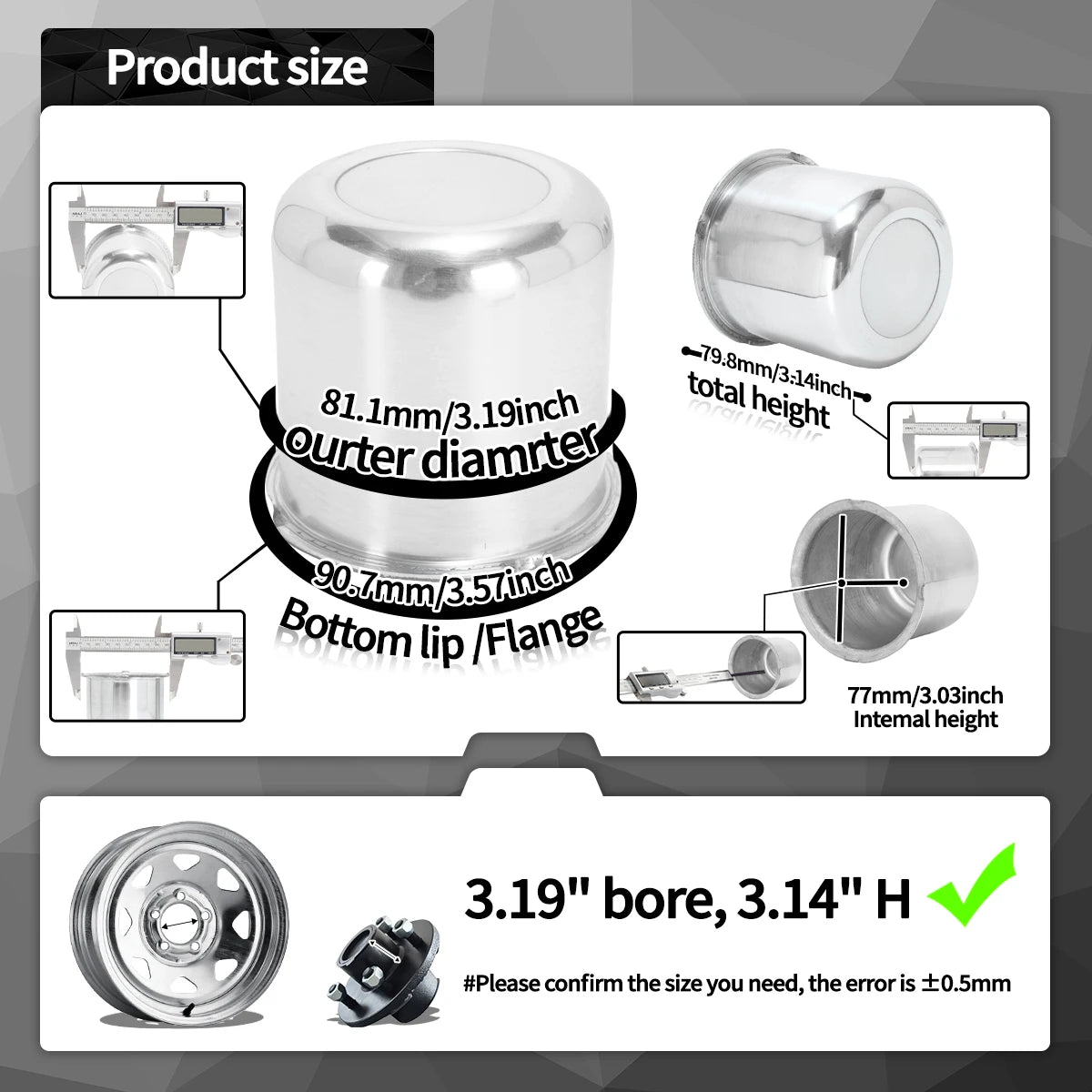 GTownworks 2/4pcs 81.1mm Aluminium Push Through Hub Center Caps For Weld Racing 5 Lug 3.19" OD x 3.03" Tall P605-5083 P605-5083B