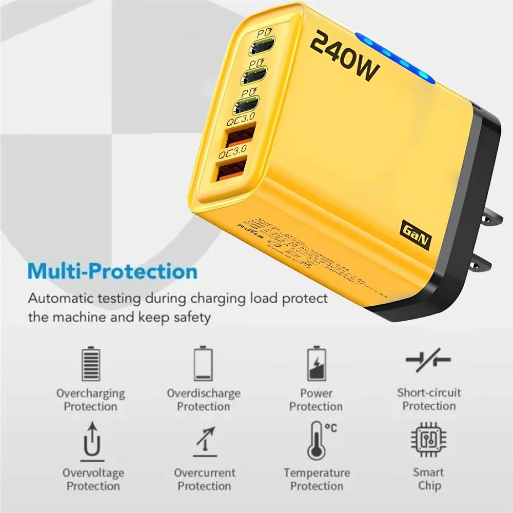 5 in 1 240W GaN Fast Charger With LED Light 2USB+3Type-C Multi Port Phone Charger for iPhone 16 15 pro Samsung Huawei Xiaomi 15 Car Mobile World