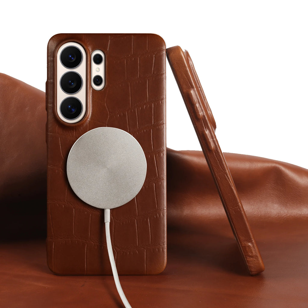 Magnetic Genuine Leather Case for Samsung Galaxy S26 S25 Ultra S23 FE S22 S24 S26 Plus Phone Back Cover Case for Magsafe Shell